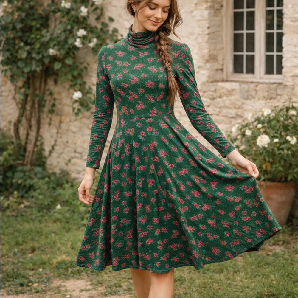 ModCloth Green Pink Rose Floral Mock Neck Dress Medium Long Sleeve Cottagecore - Picture 2 of 9